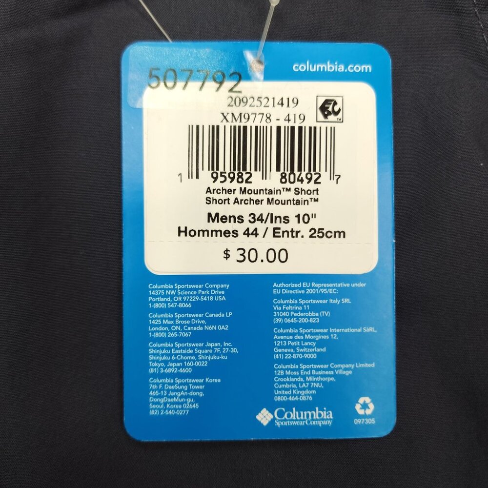 Columbia Mens Archer Mountain Shorts 34W 10L Navy Cotton Lightweight - Picture 4 of 9